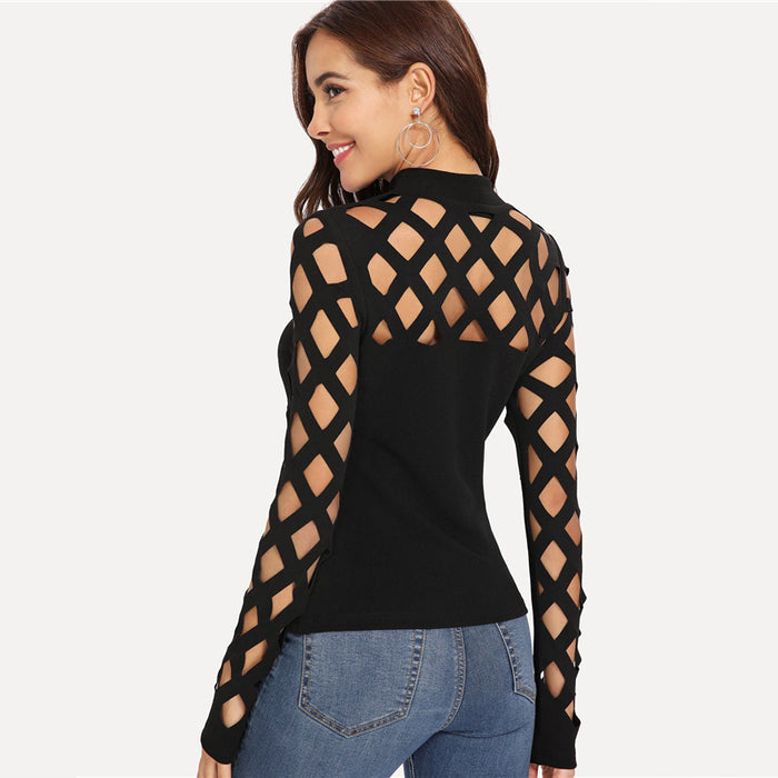 VenusFox Black Square Cutout Shoulder Fitted Skinny Party Elegant Sexy Tee Tops