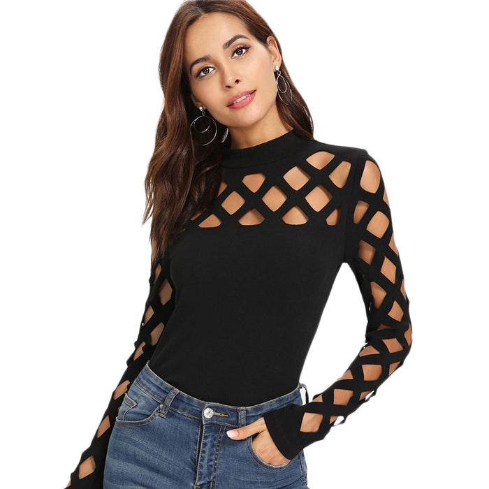 VenusFox Black Square Cutout Shoulder Fitted Skinny Party Elegant Sexy Tee Tops