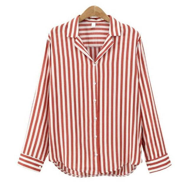 VenusFox Spring Autumn Stripped V-Neck blouse Long Sleeve Work Shirts office Tops