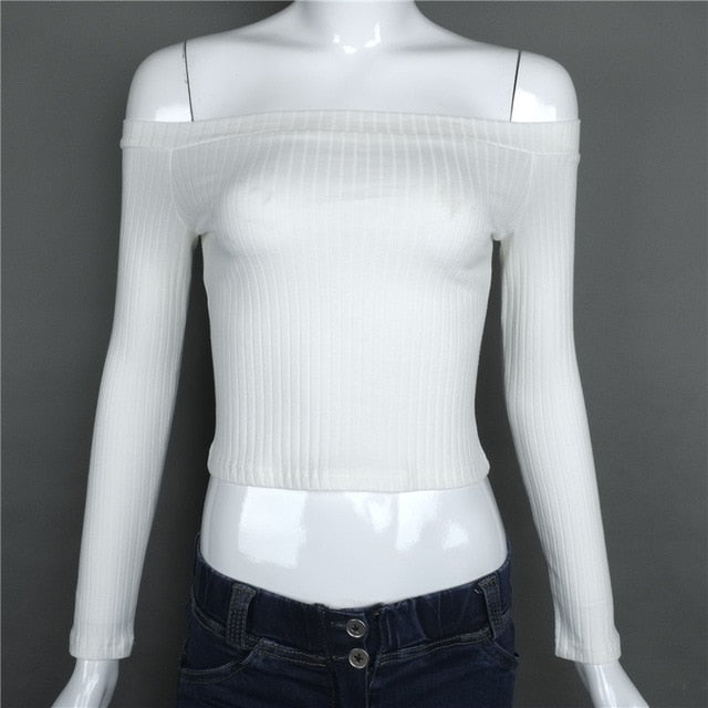 VenusFox Women Off Shoulder Long Sleeve Short Crop Top T Shirts