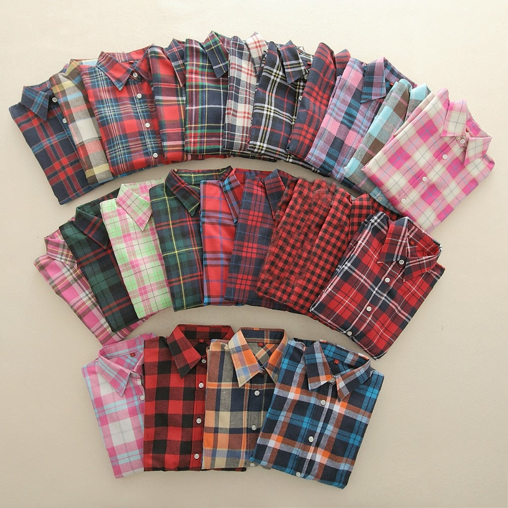 VenusFox Women Blouses Long Sleeve Flannel Plaid Shirts Cotton Shirt Casual