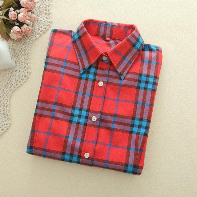 VenusFox Women Blouses Long Sleeve Flannel Plaid Shirts Cotton Shirt Casual