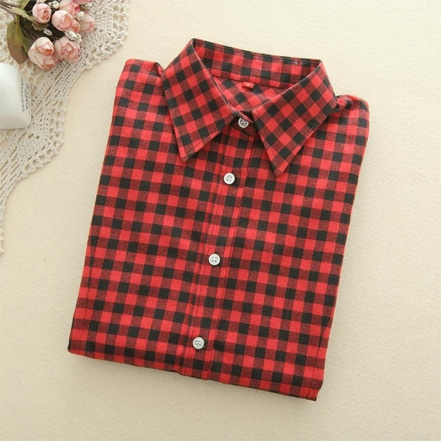 VenusFox Women Blouses Long Sleeve Flannel Plaid Shirts Cotton Shirt Casual