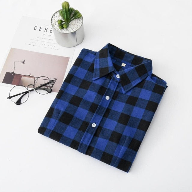 VenusFox Women Blouses Long Sleeve Flannel Plaid Shirts Cotton Shirt Casual