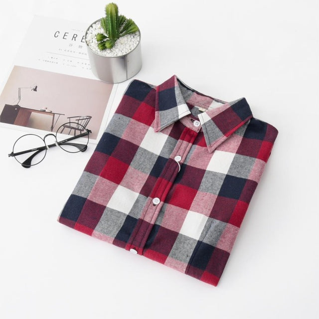 VenusFox Women Blouses Long Sleeve Flannel Plaid Shirts Cotton Shirt Casual