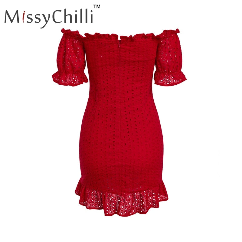 VenusFox Red ruffle off shoulder lace up sexy summer dress