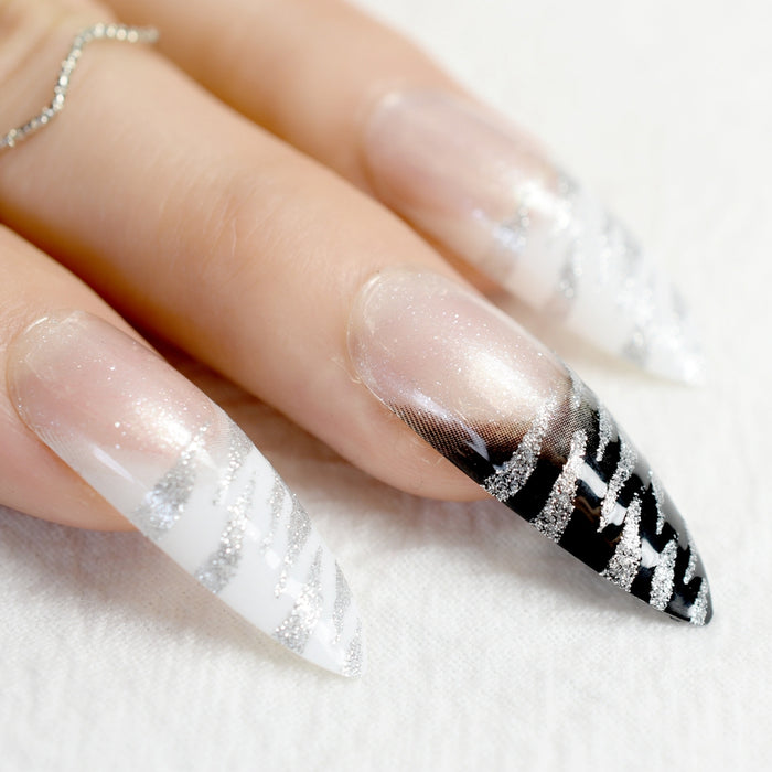 Extra Long Pointed Pre-designed Nails Black White Zebra Bent Press On Nails including glue sticker