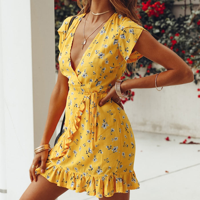 VenusFox Women Loose Short Sleeve V-Neck Ruffles Print Yellow Chiffon Mini Dress