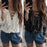 VenusFox Summer Chiffon Blouse Lace Up V Neck Ruffle Long Sleeve Shirt