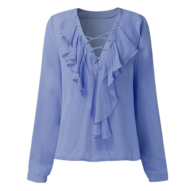 VenusFox Summer Chiffon Blouse Lace Up V Neck Ruffle Long Sleeve Shirt