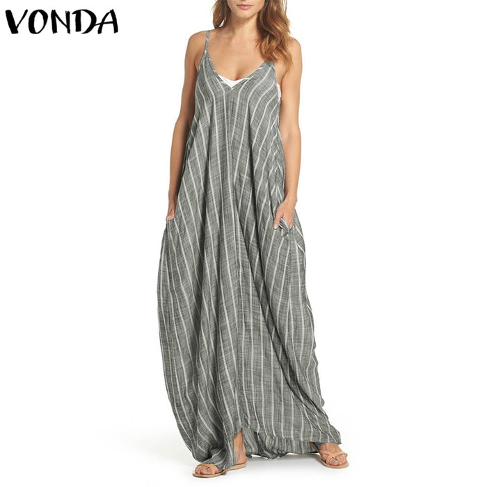 VenusFox Plus Size Sexy V Neck Backless Striped Dress