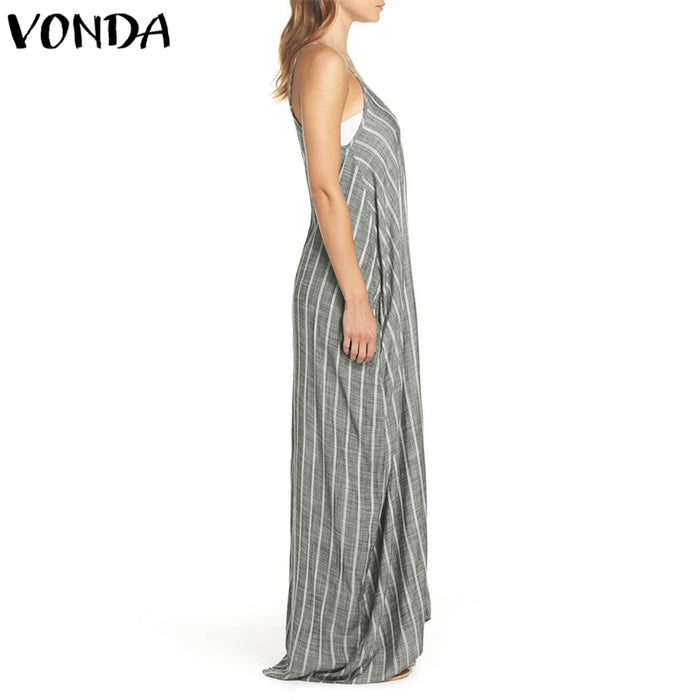 VenusFox Plus Size Sexy V Neck Backless Striped Dress