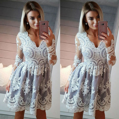 VenusFox Womens Lace Formal Long Sleeve Evening Party Ball Prom Dress