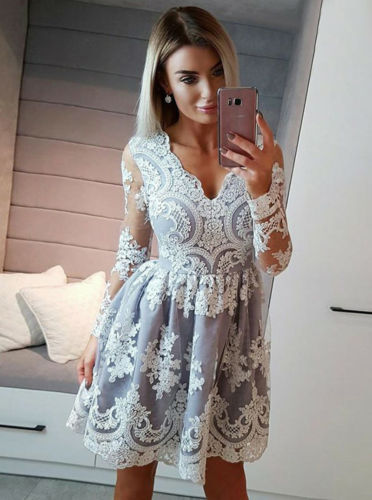 VenusFox Womens Lace Formal Long Sleeve Evening Party Ball Prom Dress