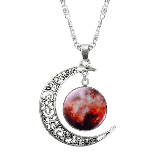 Fashion Lovely Jewelry Choker Glass Galaxy Moon Necklace Silver Chain Necklace