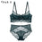 VenusFox Deep V Sexy Underwear Ultrathin Bra Set Plus Size Brassiere Green Women Lingerie Set Lace Embroidery Transparent Bra Panties Set