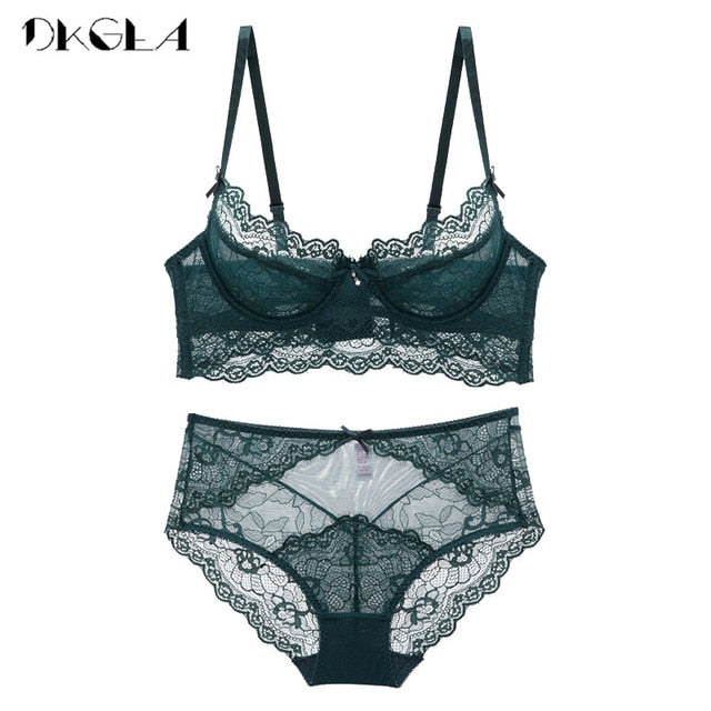 VenusFox Deep V Sexy Underwear Ultrathin Bra Set Plus Size Brassiere Green Women Lingerie Set Lace Embroidery Transparent Bra Panties Set