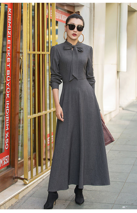 VenusFox vintage long sleeve maxi elegant dress with pocket