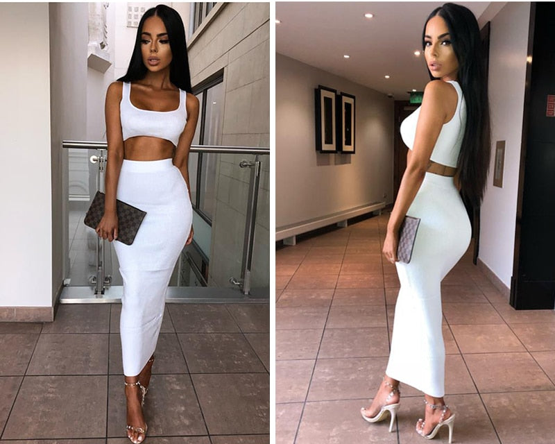 VenusFox Women Two-Piece Ribbed Crop Top And Skirt Set