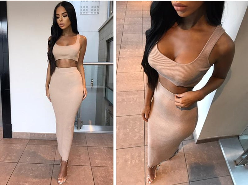 VenusFox Women Two-Piece Ribbed Crop Top And Skirt Set