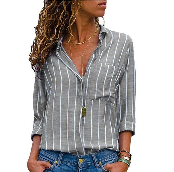 VenusFox Striped Long Sleeves V Neck Blouse Womens Tops And Blouses