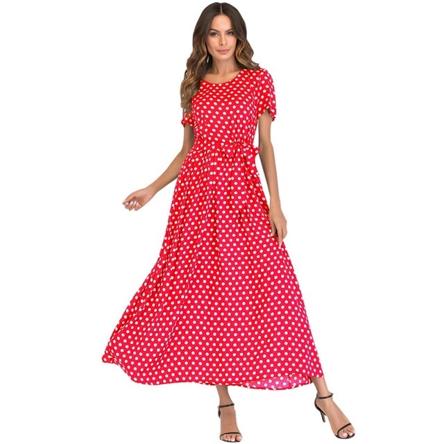 VenusFox Women Vintage Polka Dot  Maxi Long Dress