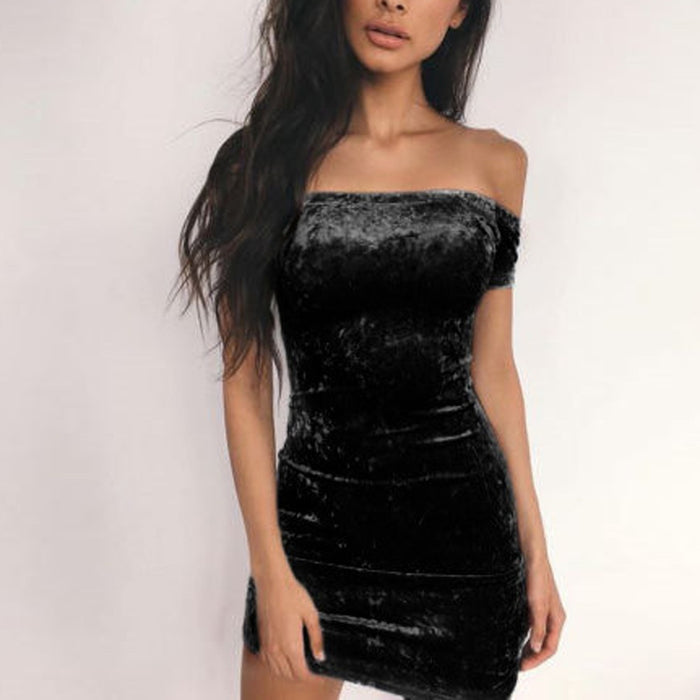 VenusFox Womens Off Shoulder Sexy Mini Velvet Dress
