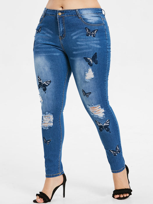 VenusFox Plus Size Butterfly Embroidered Skinny High Waist Jeans