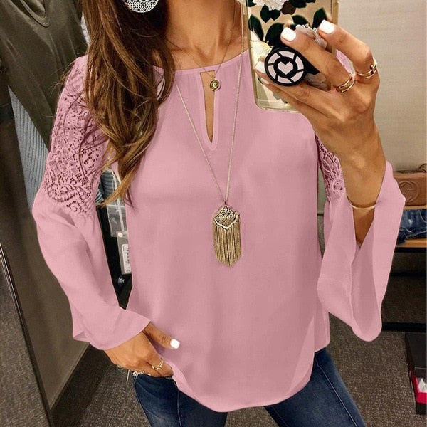 VenusFox Women Blouses Chiffon Lace Patchwork Flare Sleeve Work Shirts Tops