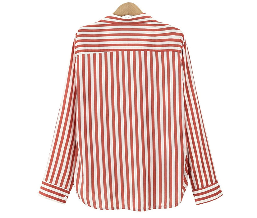 VenusFox Spring Autumn Stripped V-Neck blouse Long Sleeve Work Shirts office Tops