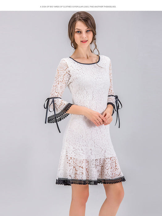 VenusFox Women Dress Elegant White Lace Flare Sleeve Dress