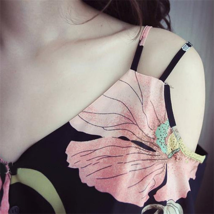 VenusFox Women Summer Boho Cold Shoulder Sleeveless V-Neck Floral Print Dress