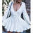 VenusFox V-Neck Ruffle Knitted Lace Up Short Casual Long Sleeve A-Line Sweater Dress
