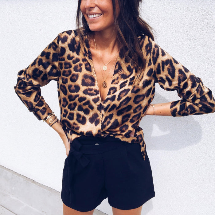 VenusFox Women Leopard Print Loose Long Sleeve V-Neck Tops Blouses