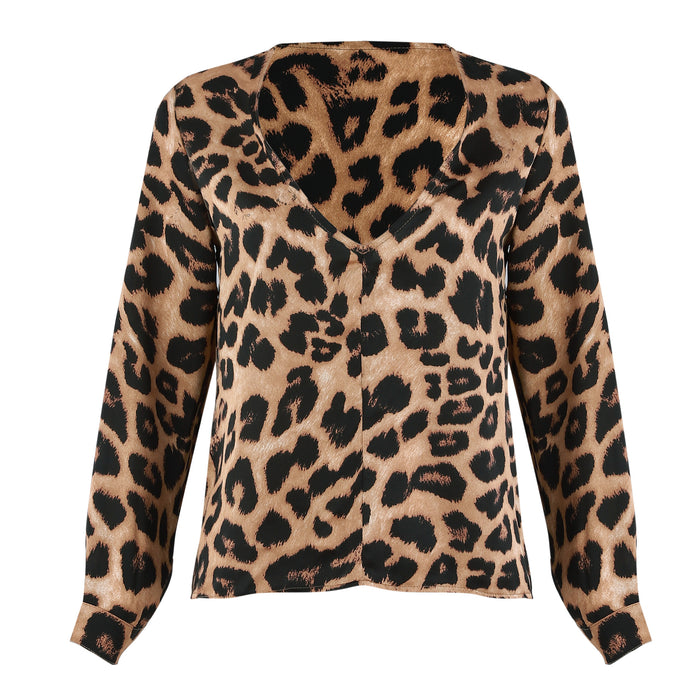 VenusFox Women Leopard Print Loose Long Sleeve V-Neck Tops Blouses