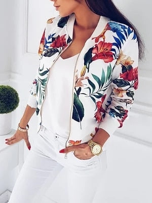 VenusFox Retro Floral Casual Zipper-Up Bomber Long Sleeve Jacket Coats