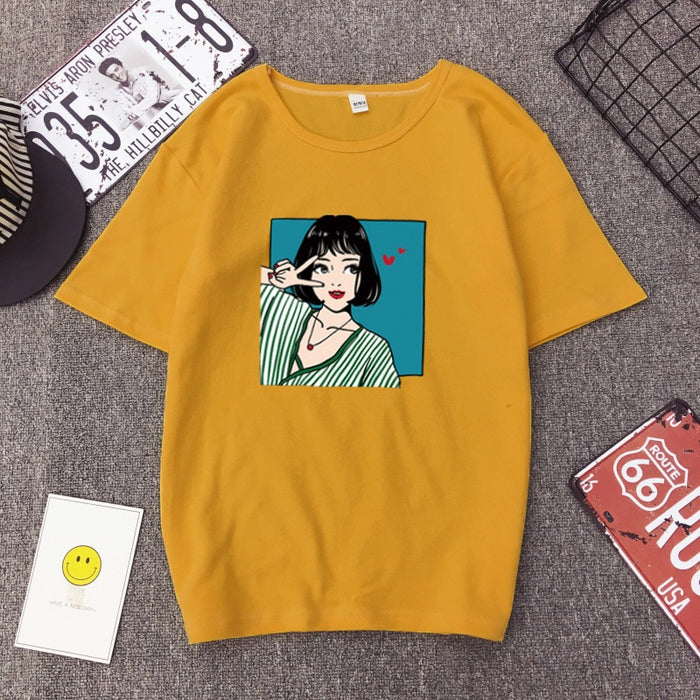 VenusFox Kawaii girl print casual short-sleeve simple T-shirt