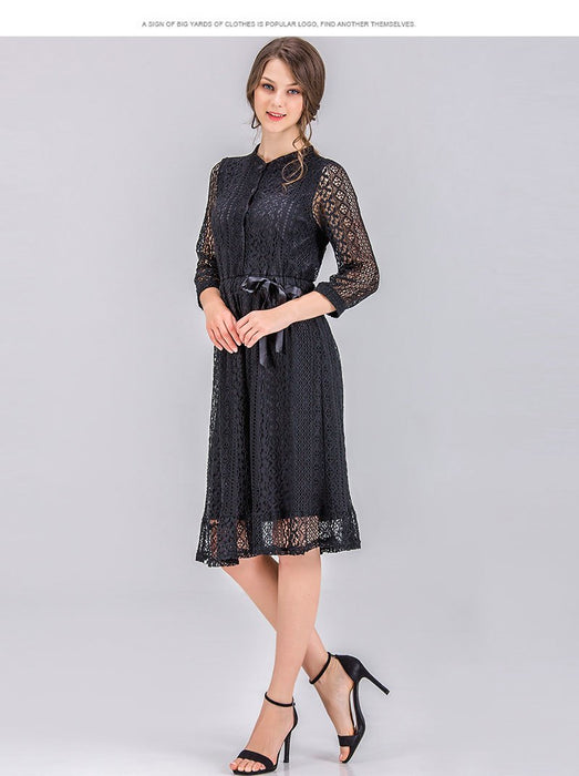 VenusFox Women Vintage Elegant Sweet Lace Solid Lace Dress