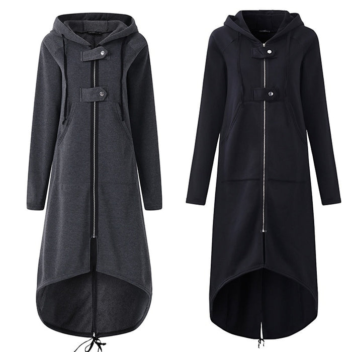 VenusFox Plus Size Long Sleeve Black Zipper Hooded Trench Coat