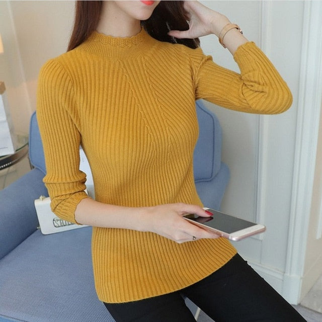 VenusFox Knitted Sweater Turtleneck Long Sleeve Slim Fit Women's Pullovers