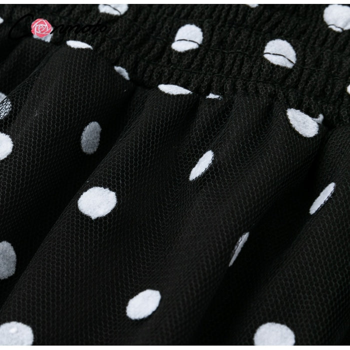 VenusFox Lace Mesh Long Sleeves Black V-Neck Polka Dot Dress