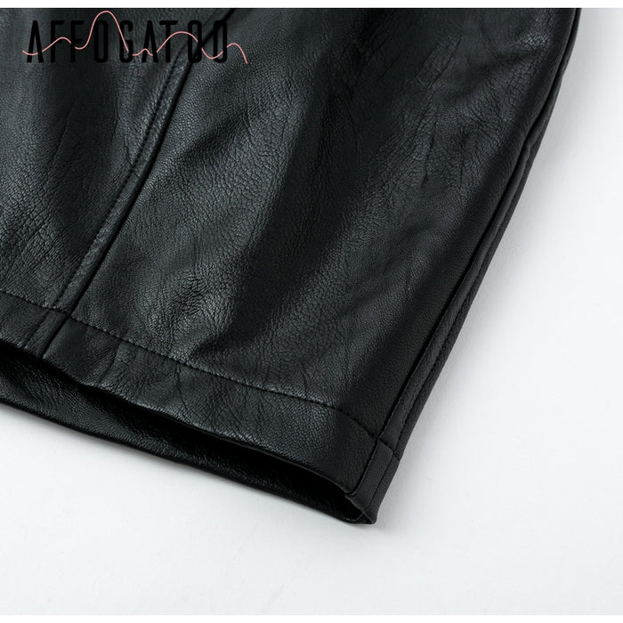 VenusFox black High waist leather zipper mini skirts