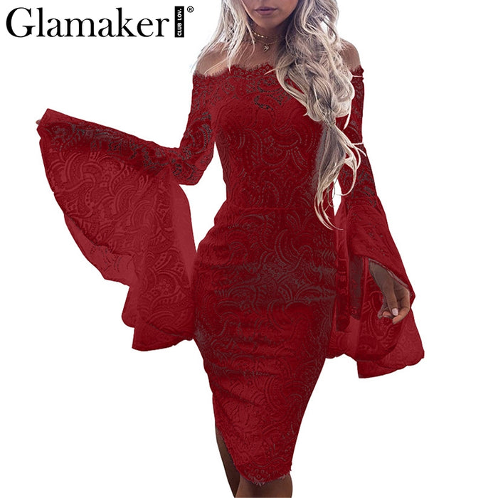 VenusFox Off Shoulder Lace Long Sleeve Bodycon Dress