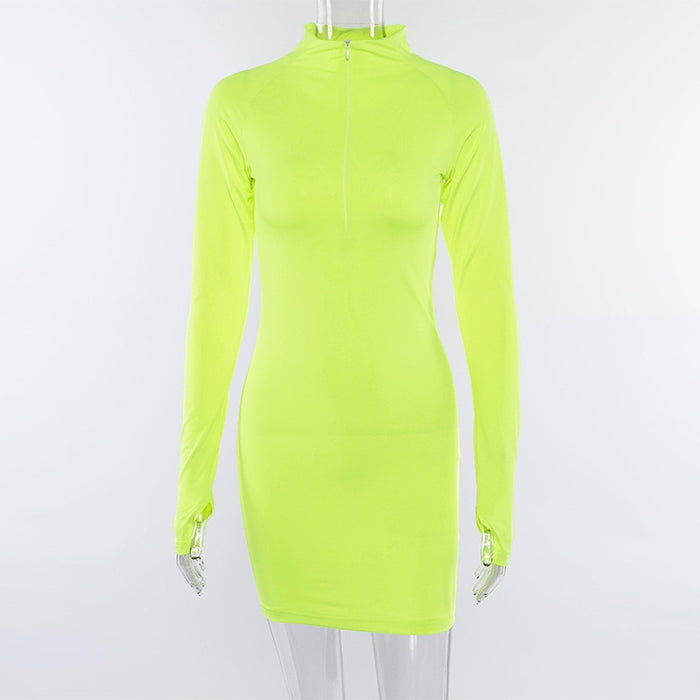 VenusFox Neon Color Dress Sexy Skinny Zipper Front Long Sleeve Dress