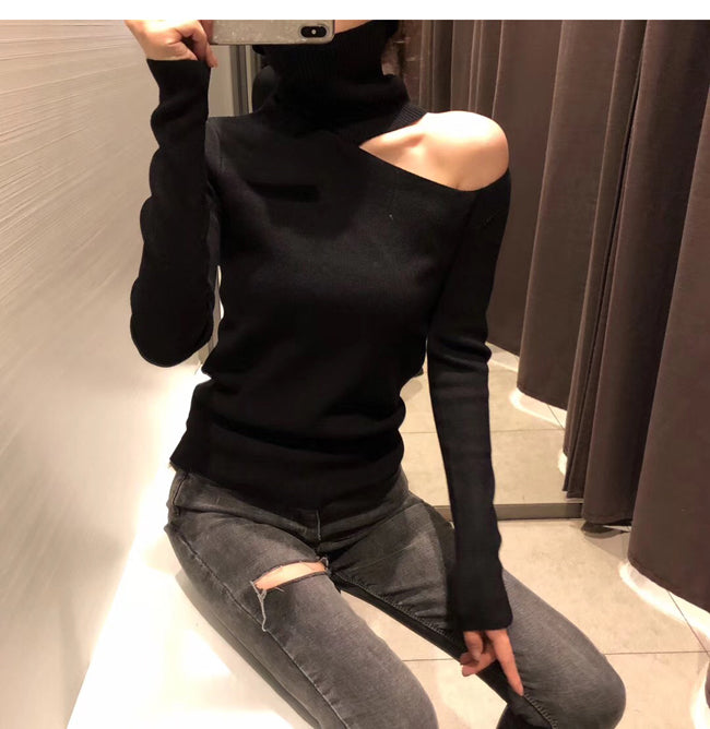 VenusFox Knitted Off Shoulder Turtleneck Sweater