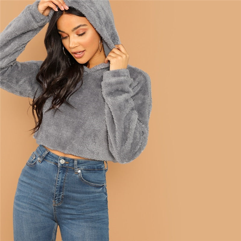 VenusFox Women's Gray Pullover Cropped Sweatshirt Hoodies