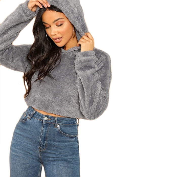 VenusFox Women's Gray Pullover Cropped Sweatshirt Hoodies