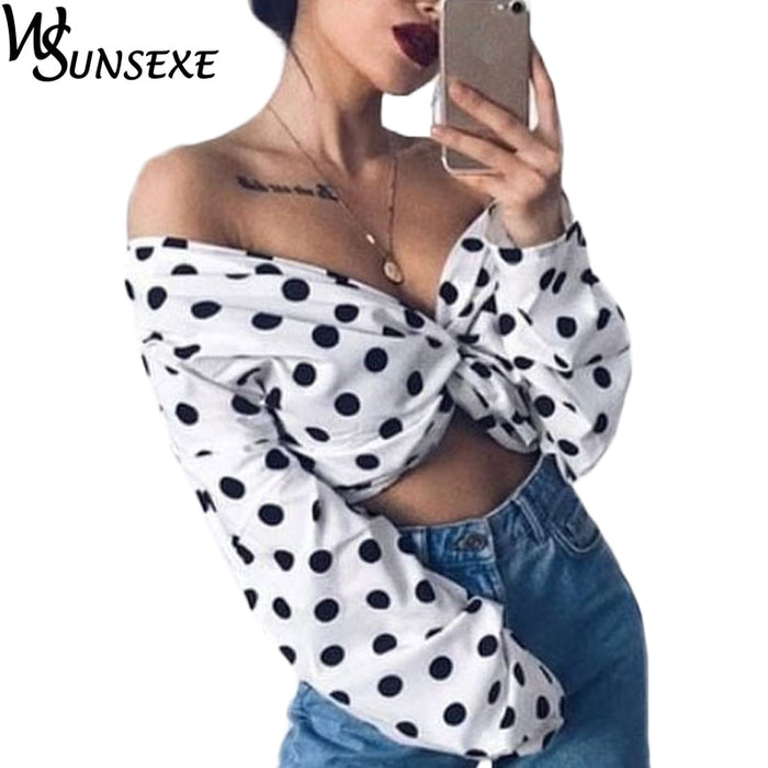 VenusFox Off shoulder polka dot sexy blouse Shirt