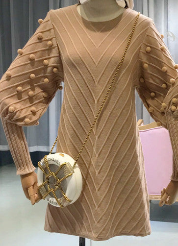 VenusFox Women Wool Ball Lantern-sleeve Cute Knit Dress Sweater