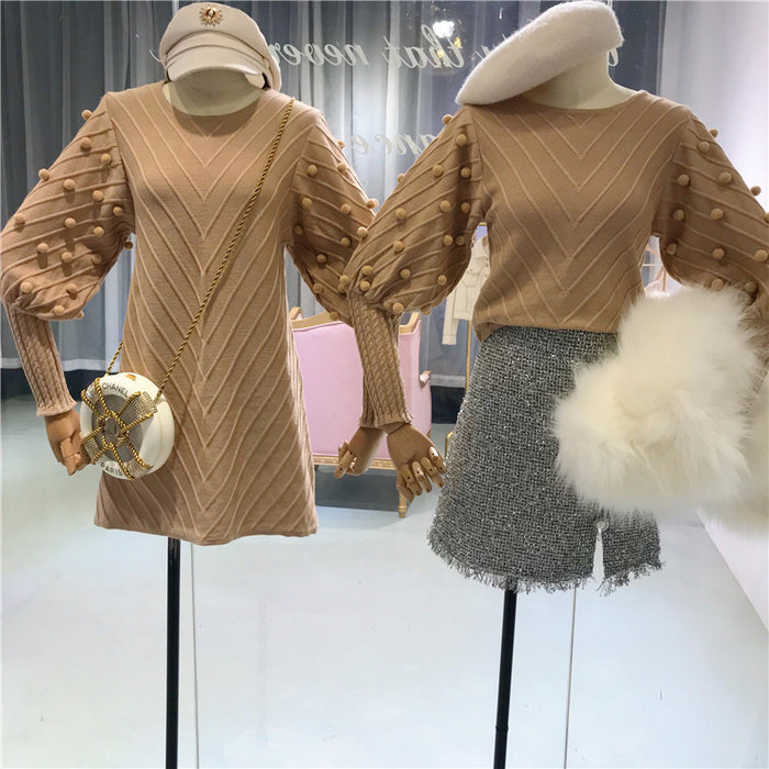 VenusFox Women Wool Ball Lantern-sleeve Cute Knit Dress Sweater